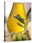 Olive Oil and Olive Sprig with Green Olives-null-Stretched Canvas