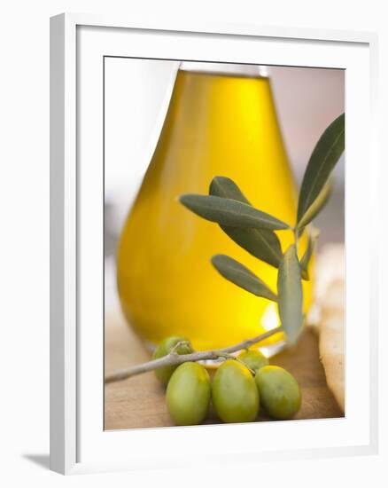 Olive Oil and Olive Sprig with Green Olives-null-Framed Photographic Print