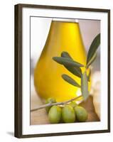 Olive Oil and Olive Sprig with Green Olives-null-Framed Photographic Print