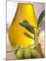 Olive Oil and Olive Sprig with Green Olives-null-Mounted Photographic Print
