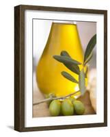 Olive Oil and Olive Sprig with Green Olives-null-Framed Photographic Print