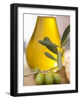 Olive Oil and Olive Sprig with Green Olives-null-Framed Photographic Print
