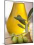 Olive Oil and Olive Sprig with Green Olives-null-Mounted Photographic Print