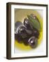 Olive Oil, Black Olives and Olive Leaf in Bowl-null-Framed Premium Photographic Print