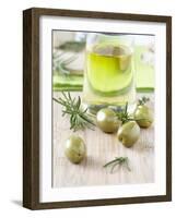 Olive Oil, Green Olives and Rosemary on Chopping Board-Jo Kirchherr-Framed Photographic Print