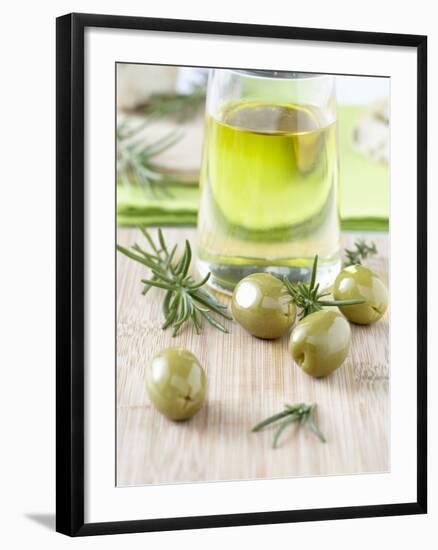 Olive Oil, Green Olives and Rosemary on Chopping Board-Jo Kirchherr-Framed Photographic Print