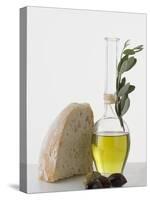 Olive Oil in Carafe, Olives and Piece of White Bread-null-Stretched Canvas