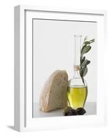 Olive Oil in Carafe, Olives and Piece of White Bread-null-Framed Photographic Print