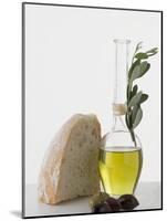 Olive Oil in Carafe, Olives and Piece of White Bread-null-Mounted Photographic Print