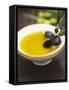 Olive Oil in Small Bowl with Black Olives-null-Framed Stretched Canvas