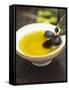 Olive Oil in Small Bowl with Black Olives-null-Framed Stretched Canvas