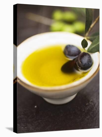 Olive Oil in Small Bowl with Black Olives-null-Stretched Canvas