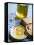 Olive Oil on Plate with Slices of Bread & Olive Oil Bottle-Joerg Lehmann-Framed Stretched Canvas