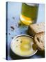 Olive Oil on Plate with Slices of Bread & Olive Oil Bottle-Joerg Lehmann-Stretched Canvas