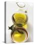 Olive Oil with Olive Branch in Bowl in Front of Carafe-null-Stretched Canvas