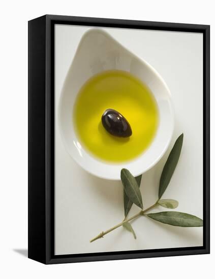 Olive Oil with Olive in Bowl, Olive Branch Beside It-null-Framed Stretched Canvas