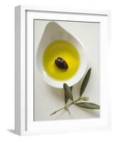 Olive Oil with Olive in Bowl, Olive Branch Beside It-null-Framed Photographic Print