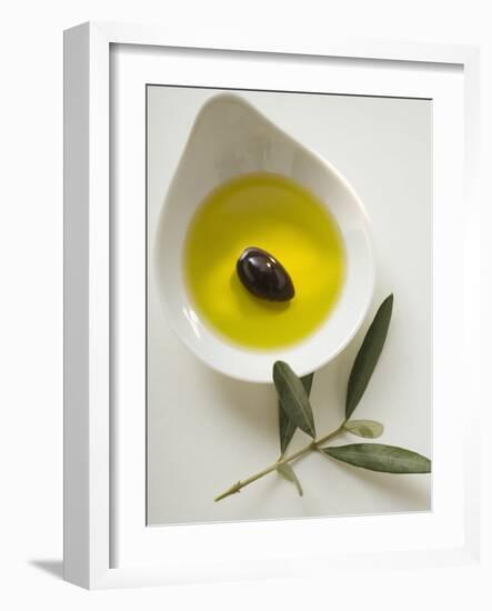 Olive Oil with Olive in Bowl, Olive Branch Beside It-null-Framed Photographic Print