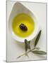 Olive Oil with Olive in Bowl, Olive Branch Beside It-null-Mounted Photographic Print