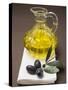 Olive Sprig with Black Olives, Carafe of Olive Oil Behind-null-Stretched Canvas