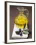 Olive Sprig with Black Olives, Carafe of Olive Oil Behind-null-Framed Photographic Print