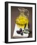 Olive Sprig with Black Olives, Carafe of Olive Oil Behind-null-Framed Photographic Print