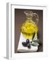 Olive Sprig with Black Olives, Carafe of Olive Oil Behind-null-Framed Photographic Print