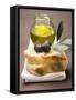 Olive Sprig with Black Olives on White Bread, Olive Oil Behind-null-Framed Stretched Canvas