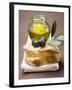 Olive Sprig with Black Olives on White Bread, Olive Oil Behind-null-Framed Photographic Print