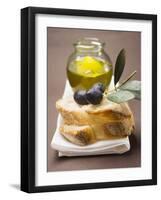 Olive Sprig with Black Olives on White Bread, Olive Oil Behind-null-Framed Photographic Print