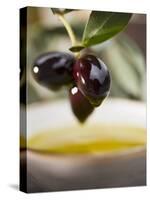 Olive Sprig with Black Olives over Bowl of Olive Oil-null-Stretched Canvas