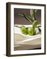 Olive Sprig with Green Olives on Linen Cloth-null-Framed Photographic Print