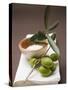 Olive Sprig with Green Olives, Sea Salt in Terracotta Bowl-null-Stretched Canvas