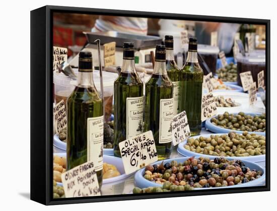 Olives and Olive Oil on Sale at a Market, Provence-Alpes-Cote-D'Azur, France-Ruth Tomlinson-Framed Stretched Canvas