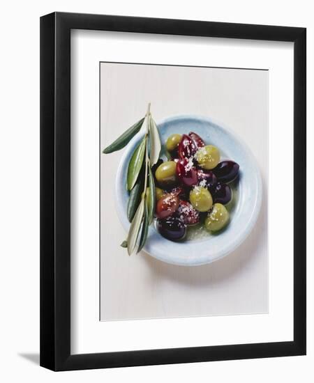 Olives and Olive Sprig on Plate-Eising Studio - Food Photo and Video-Framed Photographic Print