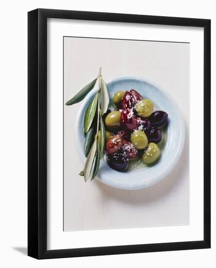 Olives and Olive Sprig on Plate-Eising Studio - Food Photo and Video-Framed Photographic Print