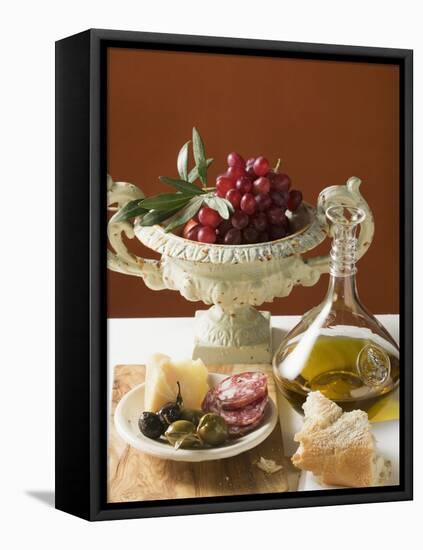 Olives, Sausage, Parmesan, Bread, Olive Oil and Red Grapes-null-Framed Stretched Canvas