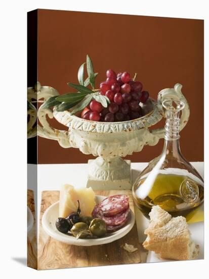 Olives, Sausage, Parmesan, Bread, Olive Oil and Red Grapes-null-Stretched Canvas