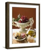 Olives, Sausage, Parmesan, Bread, Olive Oil and Red Grapes-null-Framed Photographic Print