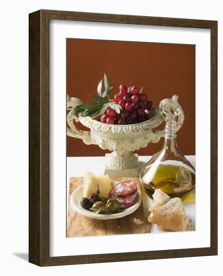 Olives, Sausage, Parmesan, Bread, Olive Oil and Red Grapes-null-Framed Photographic Print