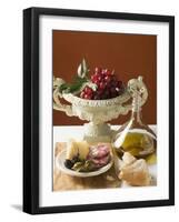 Olives, Sausage, Parmesan, Bread, Olive Oil and Red Grapes-null-Framed Photographic Print