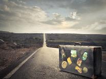 Child Carrying A Backpack Standing On A Green Meadow With Hot-Air Balloons In The Background-olly2-Art Print