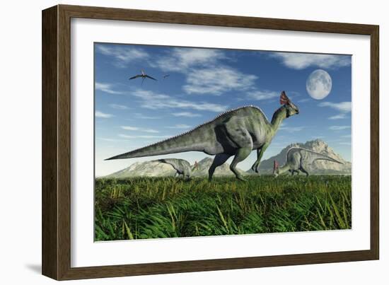 Olorotitan Duckbill Dinosaurs Grazing-null-Framed Art Print