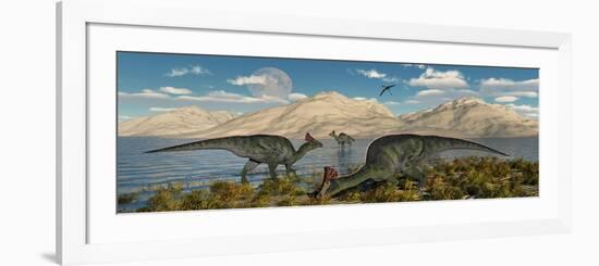 Olorotitan Duckbilled Dinosaurs Grazing-null-Framed Premium Giclee Print