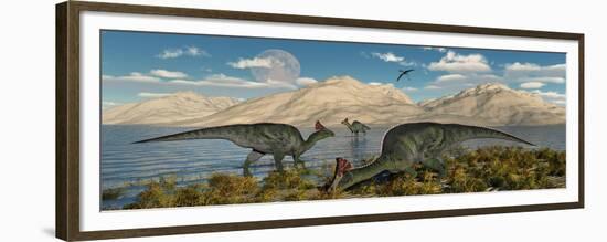 Olorotitan Duckbilled Dinosaurs Grazing-null-Framed Premium Giclee Print