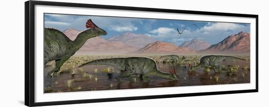 Olorotitan Duckbilled Dinosaurs Grazing-null-Framed Premium Giclee Print