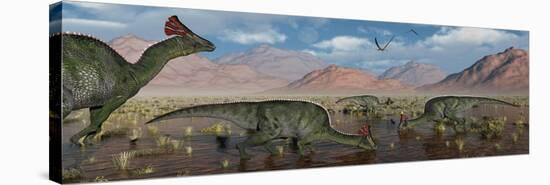 Olorotitan Duckbilled Dinosaurs Grazing-null-Stretched Canvas