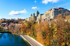 View of Federal Palace of Switzerland and the Aare River in Bern at Autumn-OlyaSolodenko-Photographic Print