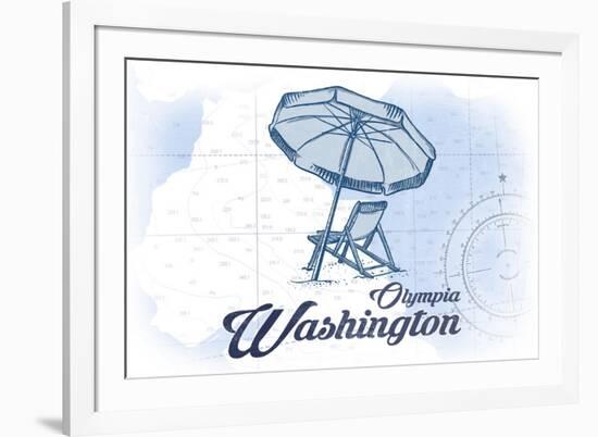 Olympia, Washington - Beach Chair and Umbrella - Blue - Coastal Icon-Lantern Press-Framed Art Print