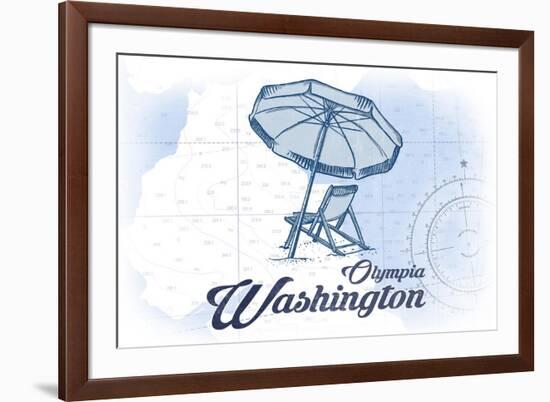 Olympia, Washington - Beach Chair and Umbrella - Blue - Coastal Icon-Lantern Press-Framed Art Print